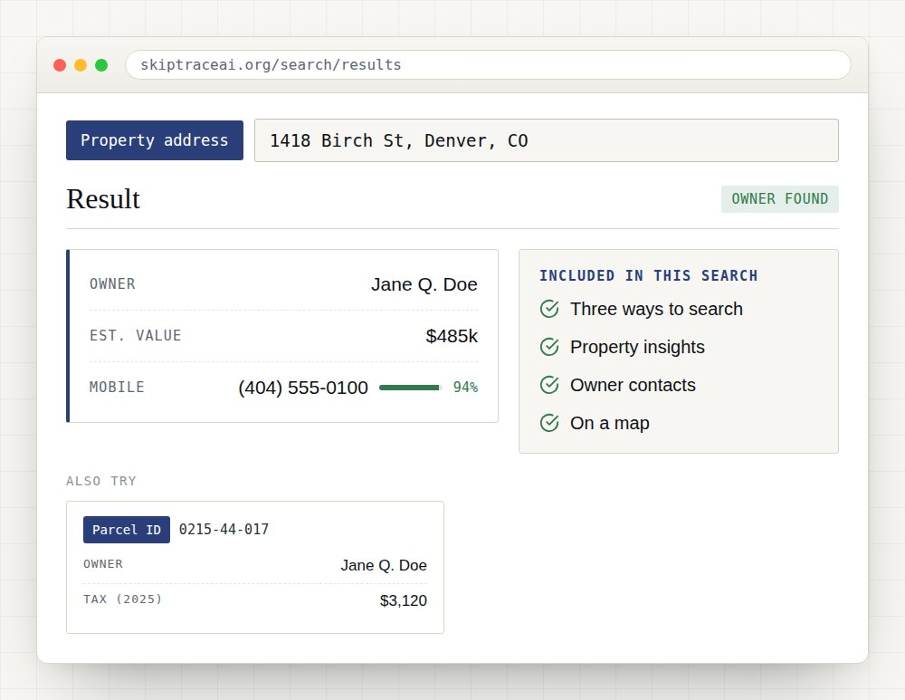 Sample SkipTrace AI property address result with three ways to search, property insights, owner contacts.