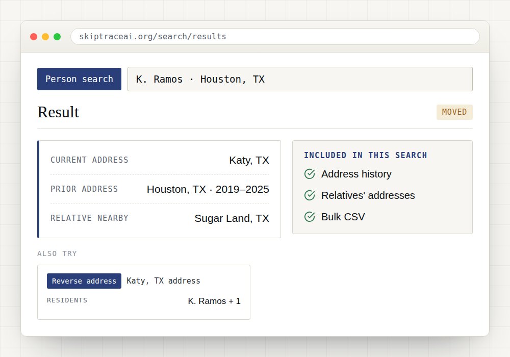 Sample SkipTrace AI person search result with address history, relatives' addresses, bulk csv.