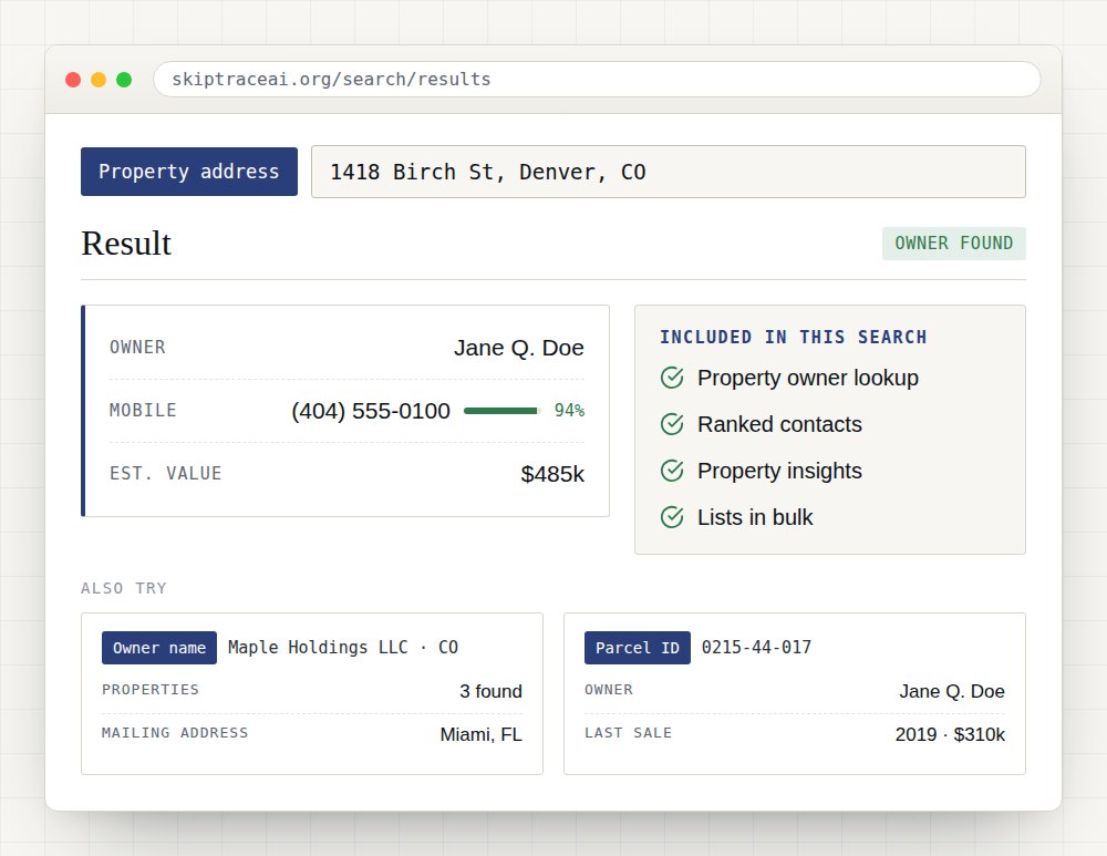 Sample SkipTrace AI property address result with property owner lookup, ranked contacts, property insights.